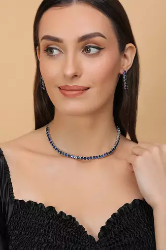silver plated blue cz stone necklace set for women