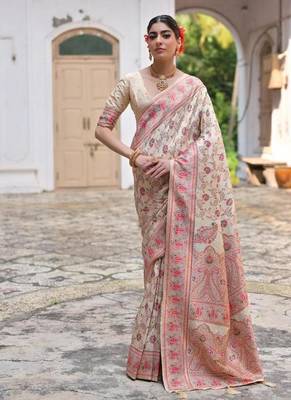 cream pashmina silk kashmiri woven saree 1