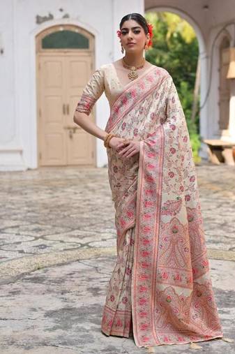 cream pashmina silk blend kashmiri meena weaving sarees