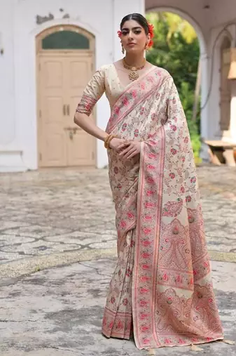 cream pashmina silk blend kashmiri meena weaving sarees