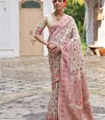 cream pashmina silk blend kashmiri meena weaving sarees
