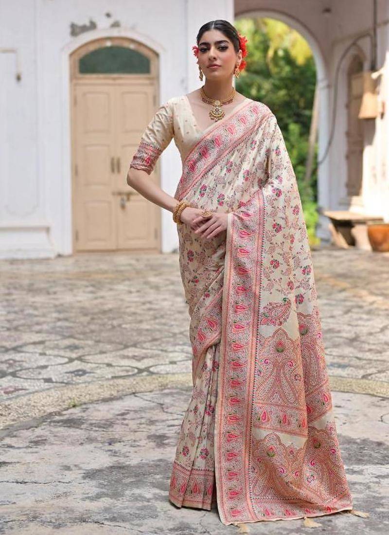 cream pashmina silk blend kashmiri meena weaving sarees