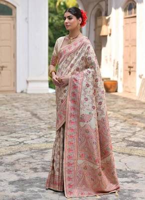 cream pashmina silk kashmiri woven saree 2