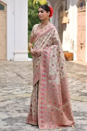 cream pashmina silk kashmiri woven saree