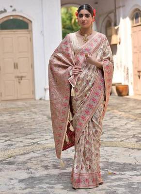 cream pashmina silk kashmiri woven saree 3