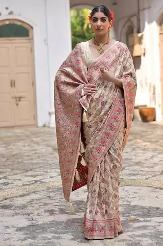 cream pashmina silk kashmiri woven saree