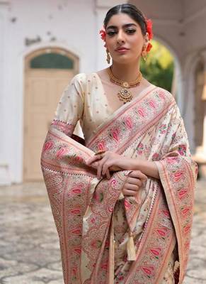 cream pashmina silk kashmiri woven saree 4