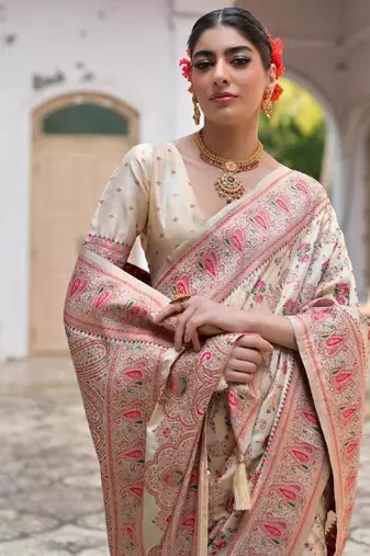 cream pashmina silk kashmiri woven saree