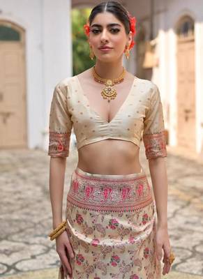 cream pashmina silk kashmiri woven saree 5