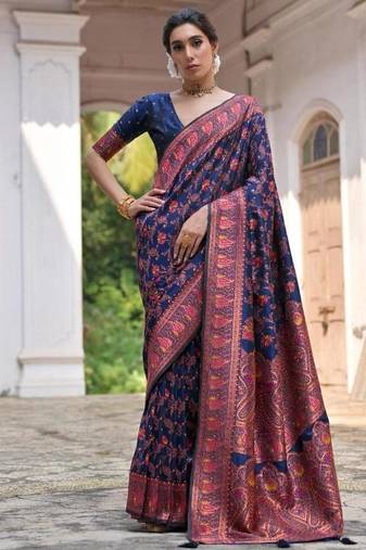 navy blue pashmina silk blend kashmiri meena weaving sarees