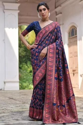 navy blue pashmina silk blend kashmiri meena weaving sarees
