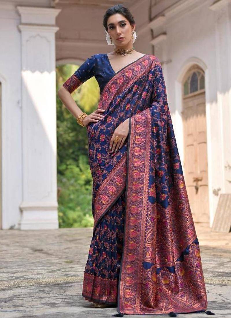 navy blue pashmina silk blend kashmiri meena weaving sarees