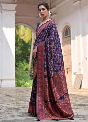 navy blue pashmina silk kashmiri woven saree 2