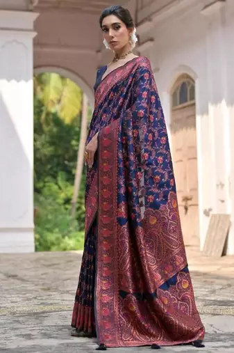 navy blue pashmina silk kashmiri woven saree