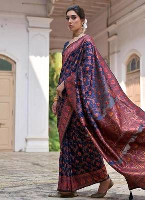 navy blue pashmina silk kashmiri woven saree 3