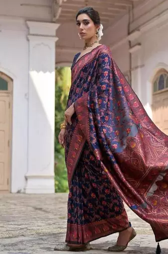 navy blue pashmina silk kashmiri woven saree