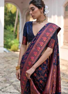 navy blue pashmina silk kashmiri woven saree 4