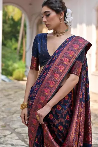 navy blue pashmina silk kashmiri woven saree