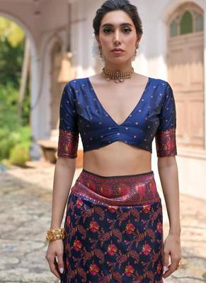 navy blue pashmina silk kashmiri woven saree 5