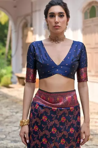 navy blue pashmina silk kashmiri woven saree