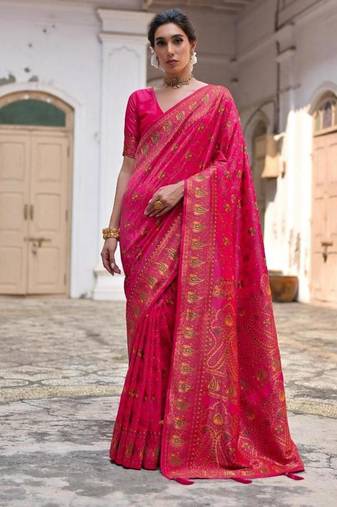 pink pashmina silk blend kashmiri meena weaving sarees