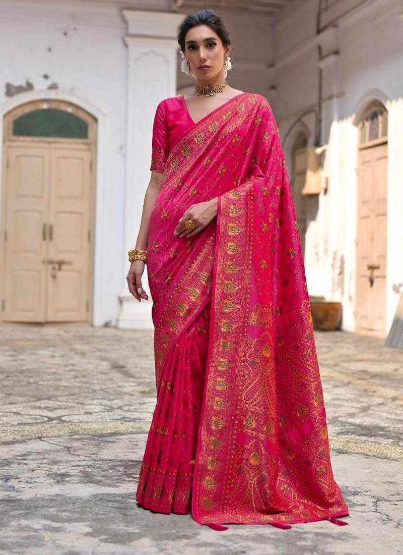 pink pashmina silk blend kashmiri meena weaving sarees