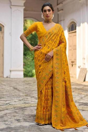 yellow pashmina silk blend kashmiri meena weaving sarees