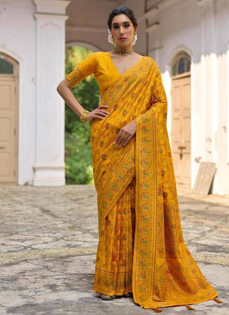 yellow pashmina silk blend kashmiri meena weaving sarees