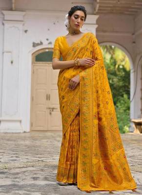 mustard pashmina silk kashmiri woven saree 2