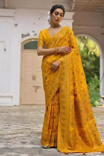 mustard pashmina silk kashmiri woven saree