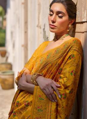 mustard pashmina silk kashmiri woven saree 3