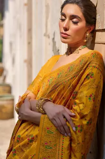 mustard pashmina silk kashmiri woven saree
