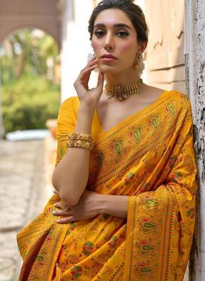 mustard pashmina silk kashmiri woven saree 4