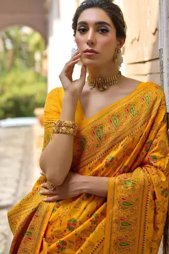 mustard pashmina silk kashmiri woven saree