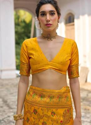 mustard pashmina silk kashmiri woven saree 5