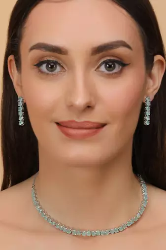 Silver Plated Green Turquoise Stone CZ Necklace 