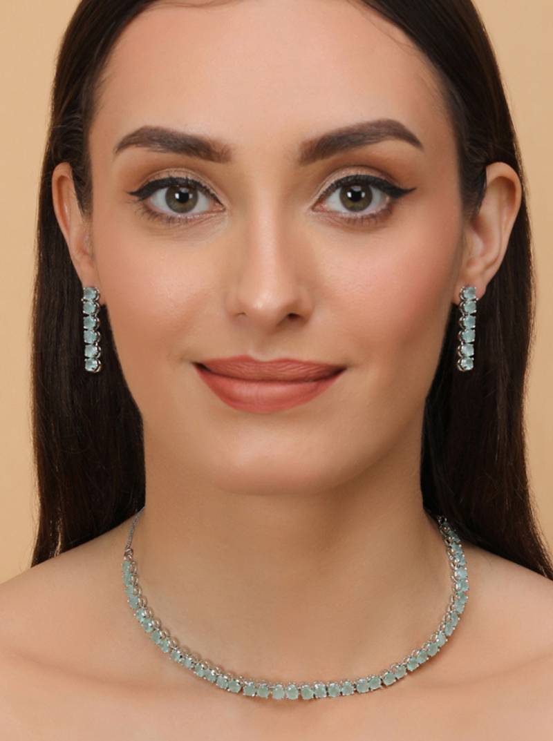 Silver Plated Green Turquoise Stone CZ Necklace 