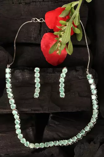 silver plated green turquoise cz necklace set for women