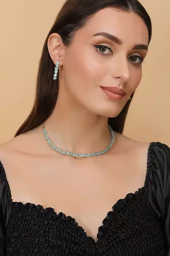 silver plated green turquoise cz necklace set for women