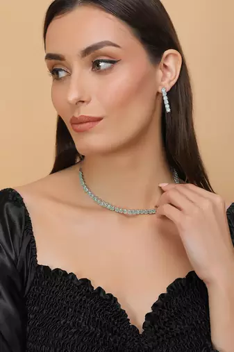 silver plated green turquoise cz necklace set for women