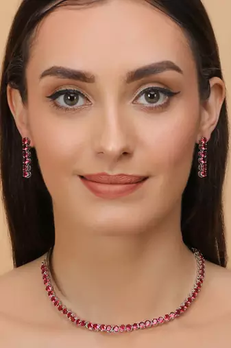 Silver Plated Hydro RedRuby Stone CZ Necklace 