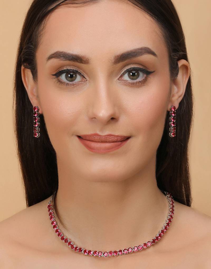 Silver Plated Hydro RedRuby Stone CZ Necklace 