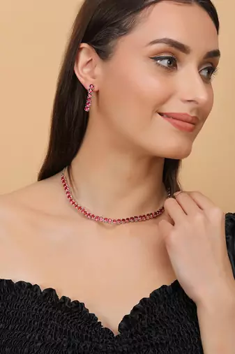 rose gold plated red cz stone necklace set for women