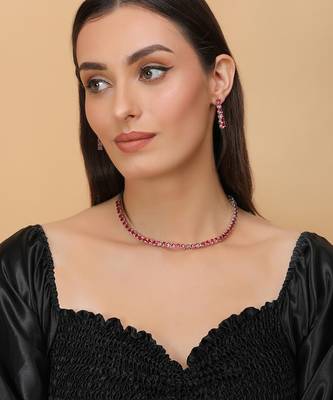 rose gold plated red cz stone necklace set for women 4
