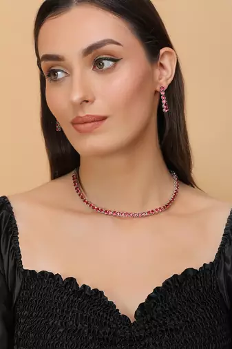 rose gold plated red cz stone necklace set for women