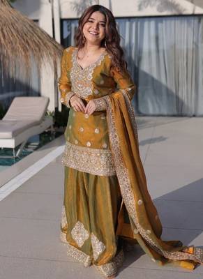 golden zari sequins embroidered sharara set with dupatta 2