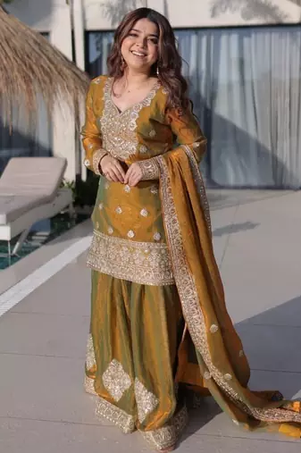 golden zari sequins embroidered sharara set with dupatta