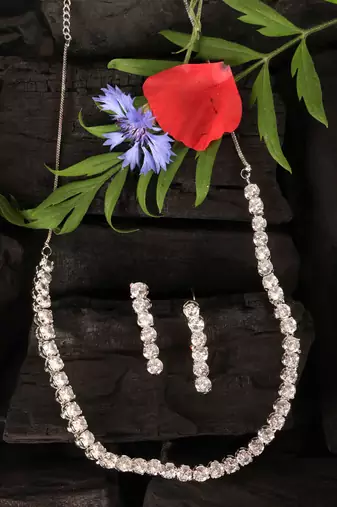 silver plated cz stone necklace set for women