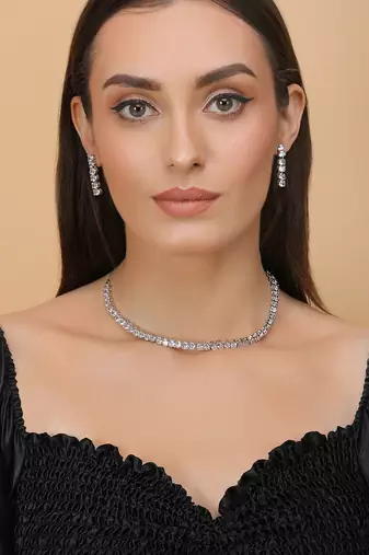 silver plated cz stone necklace set for women