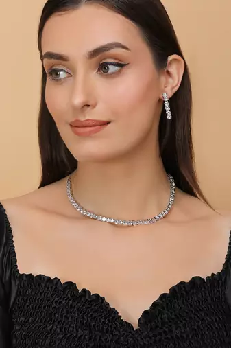 silver plated cz stone necklace set for women